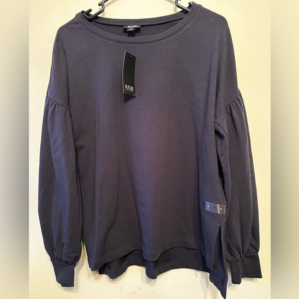 NWT Navy blue Ana pullover sweater, puff sleeve, size medium